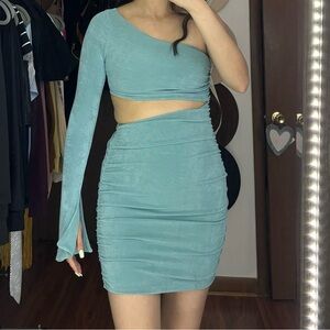 Oh Polly One-Shoulder Mini Dress in Light Blue